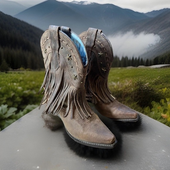 DINGO BOOTS Western Women Lea Vamp Fox Fringe Studded Brown DI7441 Sz 6.5 - Picture 1 of 9